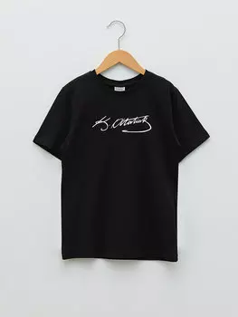 Футболка с короткими рукавами и круглым вырезом для мальчиков с фирменным принтом Ататюрка LCW Kids