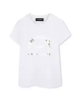 Футболка с короткими рукавами и металлическим эффектом для девочек Karl Lagerfeld Kids, белый