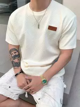 Футболка с короткими рукавами и печатной этикеткой, однотонная, модная для мужчин. Носить летом Dazy, кремовый/бежевый