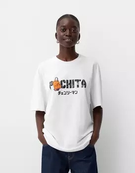 Футболка с короткими рукавами и принтом «человек с бензопилой» Bershka, белый