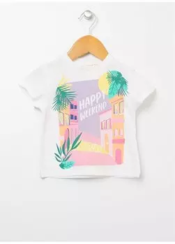 Футболка с короткими рукавами и принтом для маленьких девочек с круглым вырезом цвета экрю 22SG-50 Mammaramma, экрю