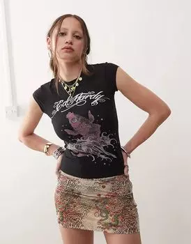 Футболка с короткими рукавами и принтом рыбы кои, черная Ed Hardy