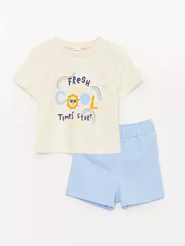 Футболка с короткими рукавами и шортами для маленьких мальчиков с круглым вырезом, комплект из 2 предметов LCW baby, кремового цвета