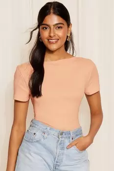 Футболка с короткими рукавами из хлопкового трикотажа в рубчик с вырезом лодочкой Friends Like These, розовый