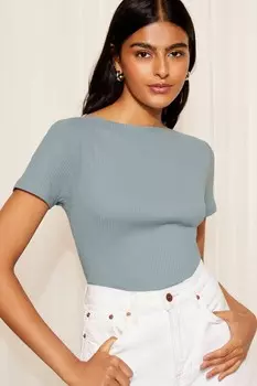 Футболка с короткими рукавами из хлопкового трикотажа в рубчик с вырезом лодочкой Friends Like These, синий