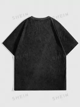 Футболка с короткими рукавами в стиле гранж-панк Принт в стиле ретро, большой разрез, снежная стирка, удобный вид, подходит для хип-хопа, уличной и школьной одежды Romwe, черный