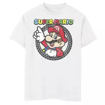 Футболка с круглым логотипом Nintendo Super Mario Tire Mark для мальчиков 8–20 лет Licensed Character, белый