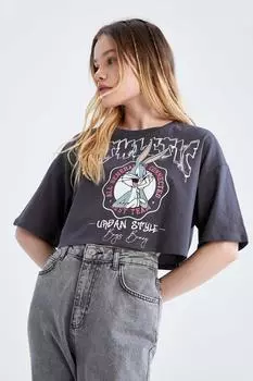 Футболка с круглым вырезом Cool Oversize из 100% хлопка Looney Tunes DeFacto, серый