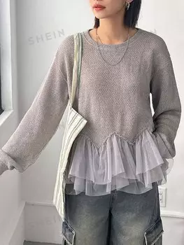 Футболка с круглым вырезом и длинными рукавами Сетчатая отделка для женщин Friful, серый