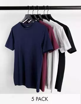 Комплект из пяти футболок облегающего кроя с круглым вырезом ASOS DESIGN - МУЛЬТИ
