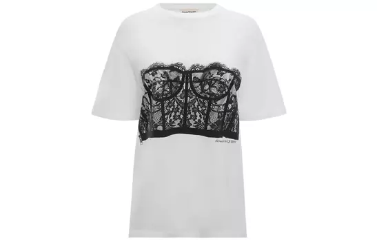 Футболка с круглым вырезом и кружевным корсетом Alexander McQueen, белый