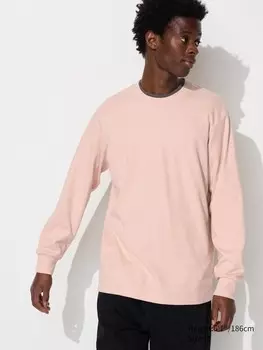 Футболка с круглым вырезом и мягкой щеткой длинный рукав Uniqlo, розовый