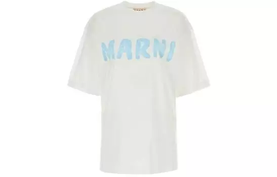 Футболка с круглым вырезом и принтом логотипа MARNI, белый/синий