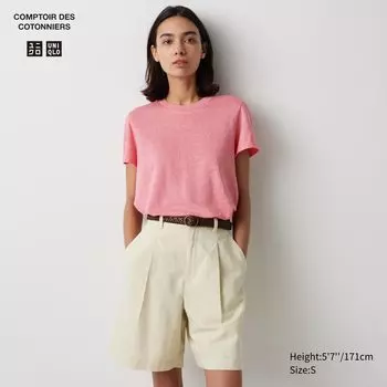 Футболка с круглым вырезом из 100% льна UNIQLO, розовый