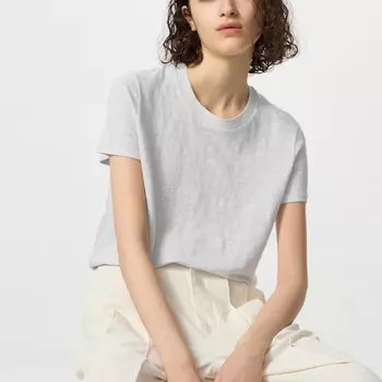 Футболка с круглым вырезом из 100% льна UNIQLO, светло-серый