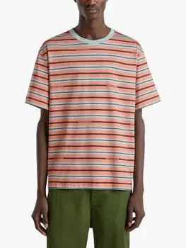 Футболка с круглым вырезом из хлопка в полоску обычного кроя Benetton, цвет Orange/Multi