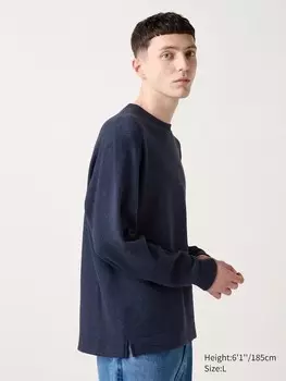 Футболка с круглым вырезом из мягкого трикотажного флиса длинный рукав Uniqlo, синий