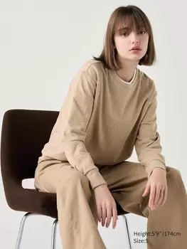 Футболка с круглым вырезом из мягкого трикотажного флиса длинный рукав Uniqlo, бежевый