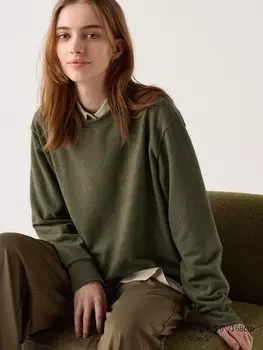 Футболка с круглым вырезом из мягкого трикотажного флиса длинный рукав Uniqlo, зеленый
