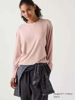 Футболка с круглым вырезом из мягкого трикотажного флиса длинный рукав Uniqlo, розовый