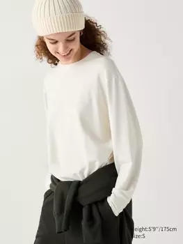 Футболка с круглым вырезом из мягкого трикотажного флиса длинный рукав Uniqlo, белый