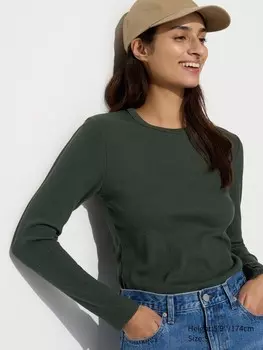 Футболка с круглым вырезом из мягкой ткани в рубчик длинный рукав Uniqlo, зеленый