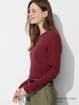 Футболка с круглым вырезом из мягкой ткани в рубчик длинный рукав Uniqlo, красный