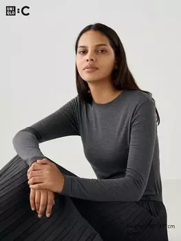 Футболка с круглым вырезом из очень теплой смеси кашемира heattech Uniqlo, серый
