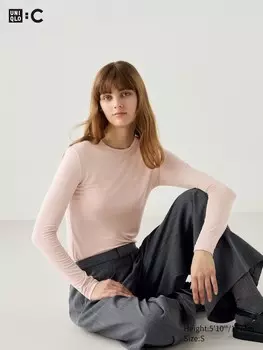 Футболка с круглым вырезом из очень теплой смеси кашемира heattech Uniqlo, розовый