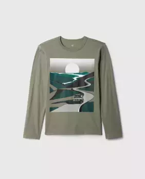 Футболка с круглым вырезом с длинными рукавами для мальчиков и рисунком спереди Gap, зеленый