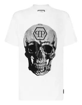 Футболка с круглым вырезом SS Skull and Plein с кристаллами Philipp Plein, белый