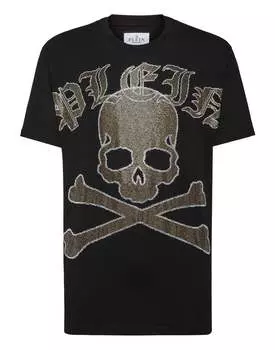 Футболка с круглым вырезом SS со стразами Gothic Plein Strass PHILIPP PLEIN, черный/светло-золотой