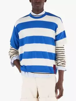 Футболка с круглым вырезом в полоску из шерсти мериноса квадратного кроя John Smedley, цвет Jay Blue/Snow White