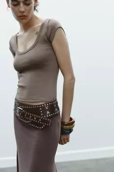 Футболка с круглым вырезом ZARA, цвет Brown/Taupe