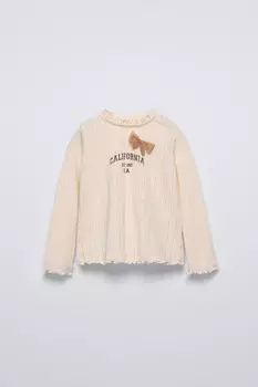 Футболка с кружевной отделкой и бантом ZARA, экрю