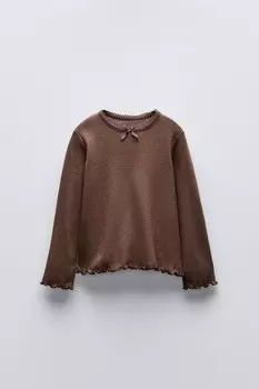 Футболка с кружевным бантом ZARA, цвет chocolate
