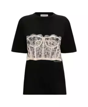 Футболка с кружевным корсетным принтом Alexander Mcqueen, черный