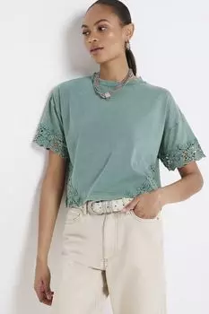 Футболка с кружевными деталями River Island, зеленый