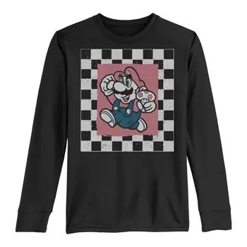 Футболка с квадратным портретом и длинными рукавами с рисунком Nintendo Super Mario в клетку для мальчиков 8–20 лет Licensed Character