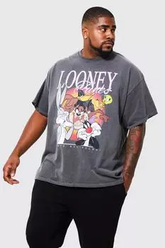 Футболка с лицензией looney tunes plus acid wash Boohoo, угольный