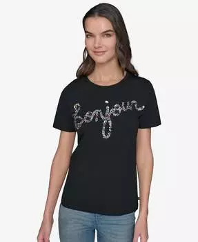 Футболка с логотипом bonjour, украшенная драгоценными декоратив ...изделиями KARL LAGERFELD PARIS, черный