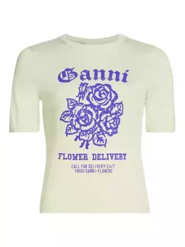 Футболка с логотипом и цветочным принтом Ganni, цвет sea foam