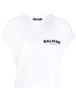 Футболка с логотипом из пайеток Balmain, белый