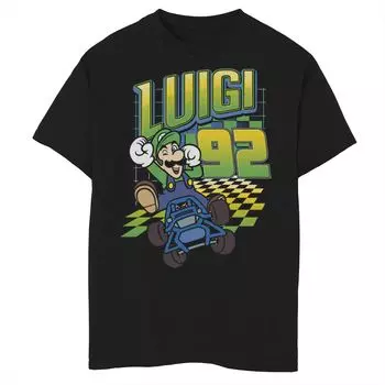 Футболка с логотипом Nintendo Mario Kart Luigi 92 в неоновую клетку для мальчиков 8–20 лет Licensed Character, черный
