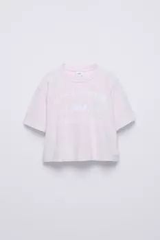 Футболка с лозунгом и цветочной вышивкой ZARA, розовый