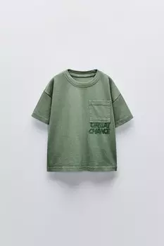 Футболка с лозунгом и карманом ZARA, цвет washed green