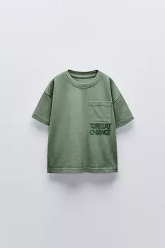 Футболка с лозунгом и карманом ZARA, цвет washed green