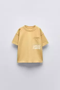 Футболка с лозунгом и карманом ZARA, светло-бежевый