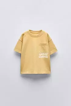 Футболка с лозунгом и карманом ZARA, светло-бежевый