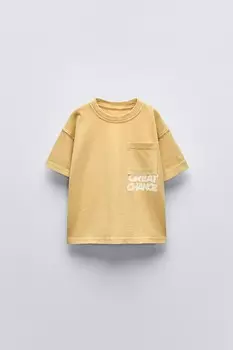 Футболка с лозунгом и карманом ZARA, светло-бежевый